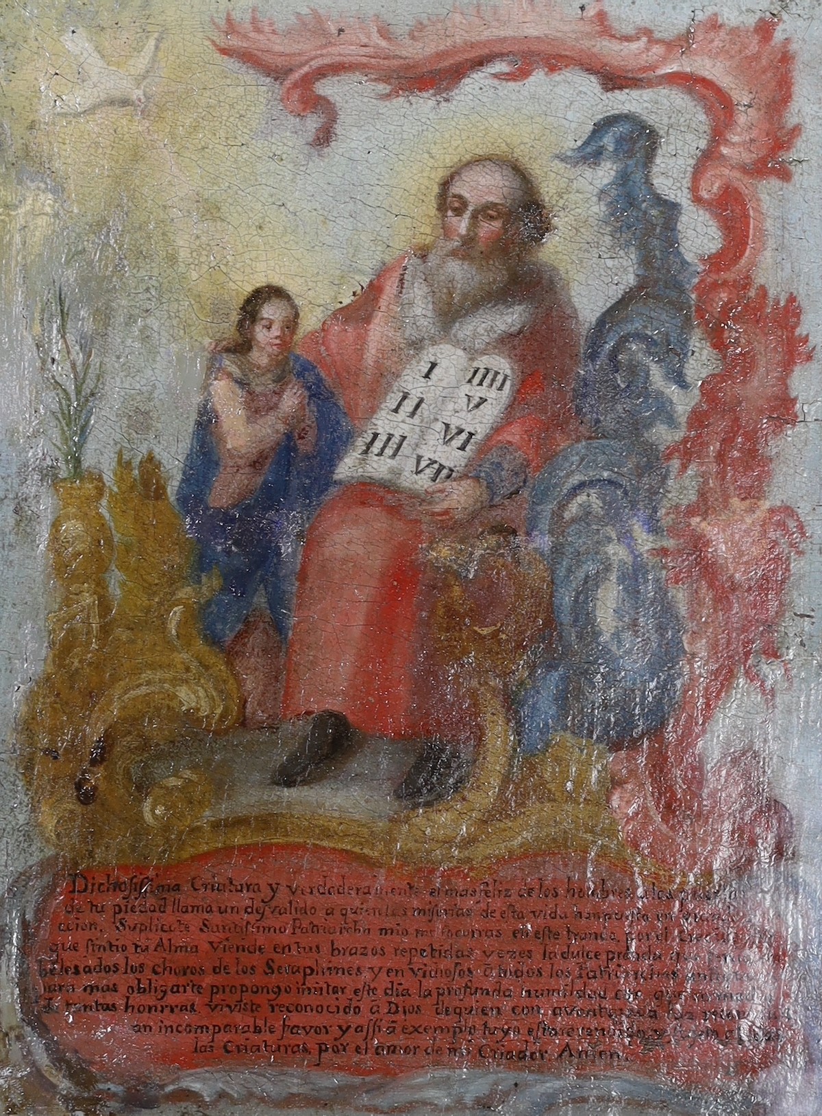 Early 19th century Spanish School, oil on canvas, Figures with religious inscription below, 25 x 18cm